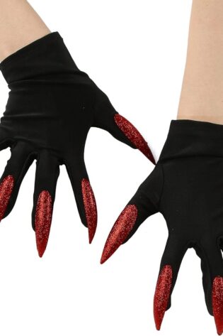 SHORT BLACK GLOVES WITH RED GLITTER NAILS
