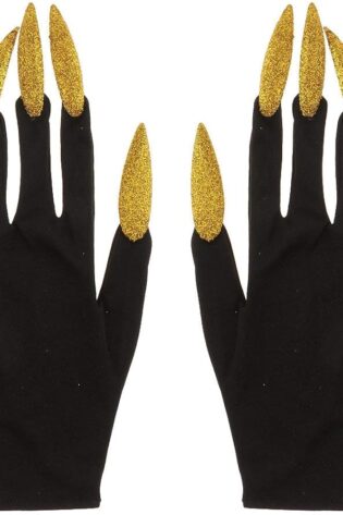 SHORT BLACK GLOVES WITH GOLD GLITTER NAILS