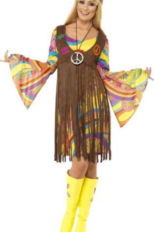 1960S WOODSTOCK HIPPY DRESS AND FRINGED WAISTCOAT- LADIES AND 1960S ACCESSORIES - 1960S HEADBAND AND WHITE GOGO BOOTS