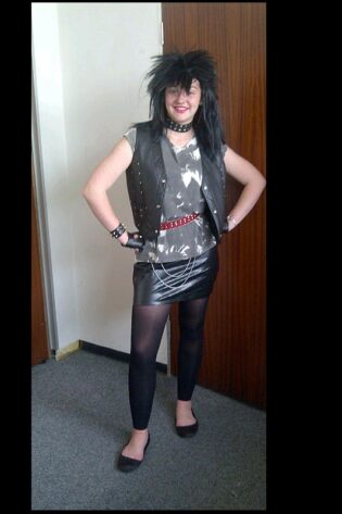 1980S PUNK ROCK SKIRT AND PUNK ROCK 80S SHIRT AND PUNK ROCK ACCESSORIES - BLACK PUNK ROCK WIG , 1980S STUDDED NECKLACE, 1980S STUDDED LEATHER GLOVE, 1980S STUDDED BRACELET