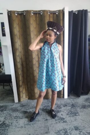 AFRICAN HERITAGE AFROPOLITAN BLUE SHWE SHWE DRESS -LADIES AND ACCESSORIES - BROWN ZULU HEADPIECES ISICHOLO