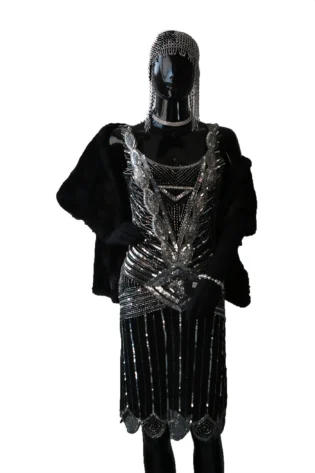 SILVER SEQUINNED GATSBY DRESS AND FAUX FUR STOLE