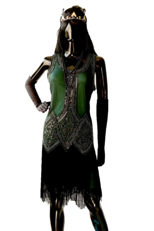 EMERALD GREEN AND BLACK BEADEDFLAPPER DRESS