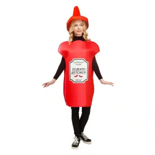 Woman in tomato ketchup bottle costume