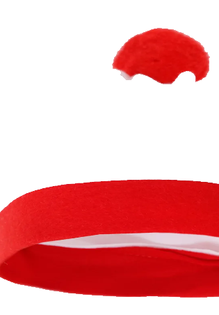 Red elastic headband with a matching red fluffy pom-pom above it; small South African flag in the top-left corner.