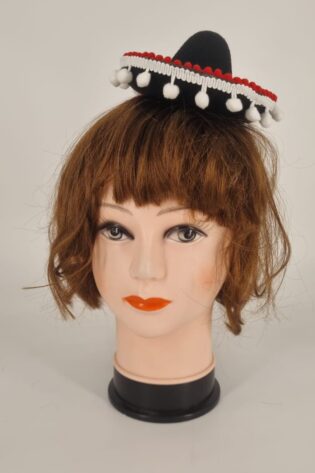 MINI MEXICAN HAT ON ALICEBAND  BROWN  BLACK WITH POMPOMS