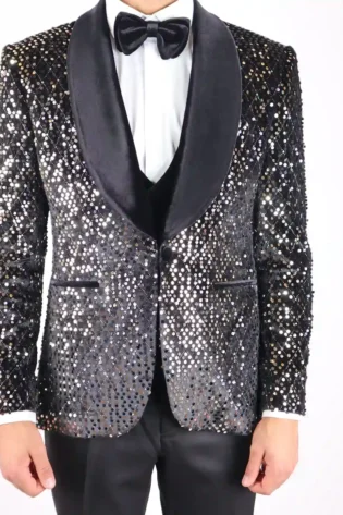 BLACK AND GOLD SEQUINNNED TUXEDO SUIT