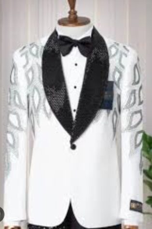 WHITE TUXEDO WITH EMBROIDERY DETAIL AND SHAWL LAPEL
