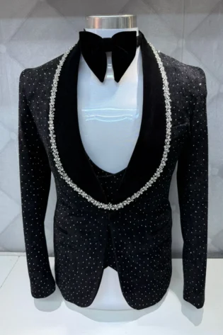 BLACK TUXEDO SUIT WITH SILVER GLITTER DETAIL AND PEARL LAPEL