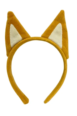 Yellow plush headband with two fox ears, a cute costume accessory for kids or adults, facing forward.