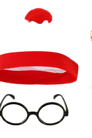 Assorted costume props: red headband, red nose, round black glasses, and a wooden axe‑head prop; small South African flag in corner.