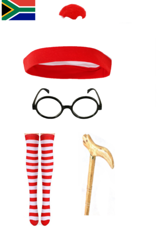 South Africa flag in the top-left, followed by a red clown nose, a red headband, black round glasses, red-and-white striped stockings, and a wooden cane.