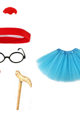 Assorted costume accessories on white: small flag (top left), red headband, red tutu, round black glasses, red-and-white striped tights, a wooden cane, and a blue tulle skirt.
