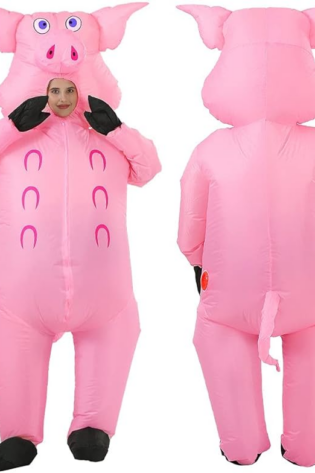 Person wearing a bright pink pig costume with a hood featuring pig ears, shown front and back with a tail and black gloves; small South Africa flag in the top-left corner.