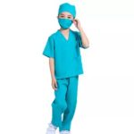 Kid in in doctor scrubs costume